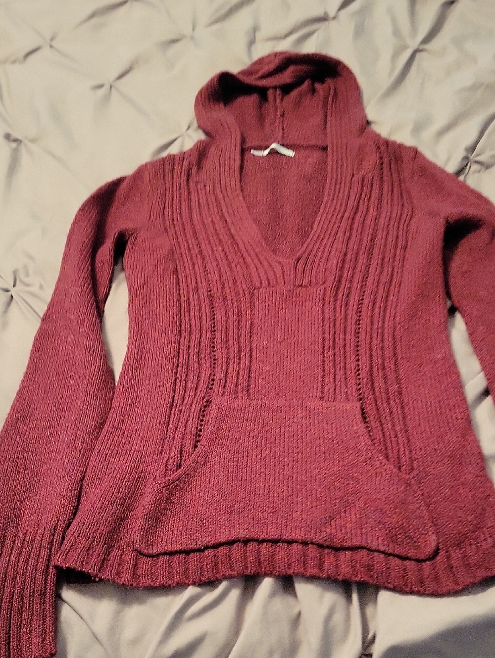 Maurices Deep V‑Neck Hooded Knit Sweater - Burgundy